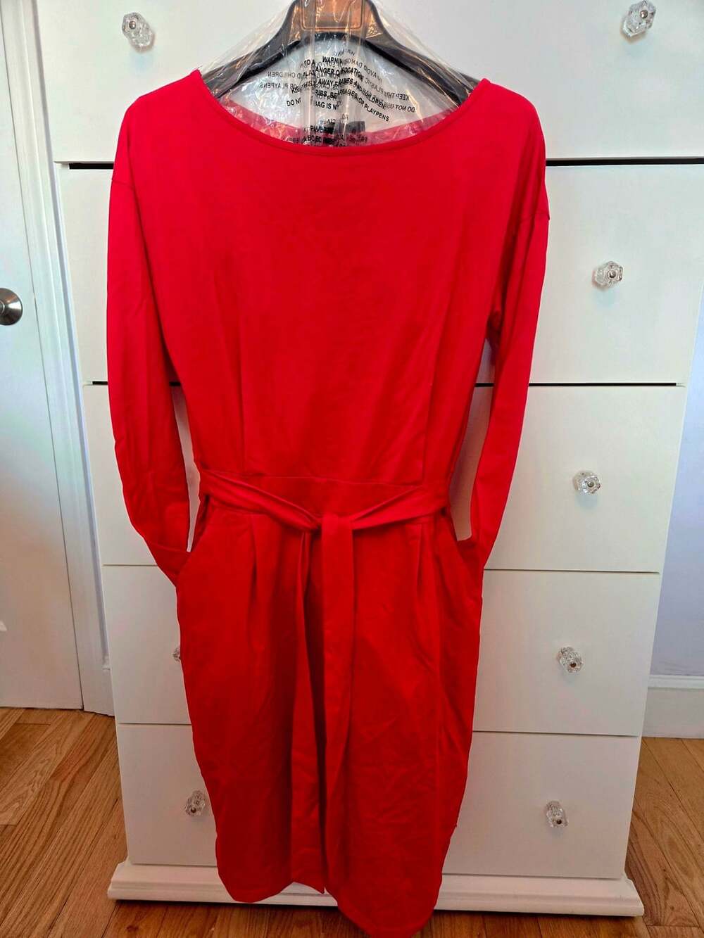 PRETTYGARDEN Women's Red Long Sleeve Tie Waist Dress Size L NWT